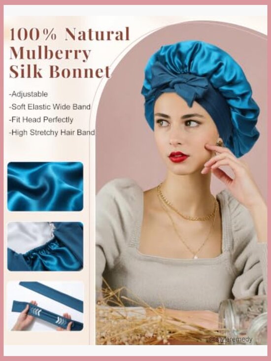 100% Mulberry Silk Bonnet Reversible Hair Wrap with Elastic Tie Band & Silk